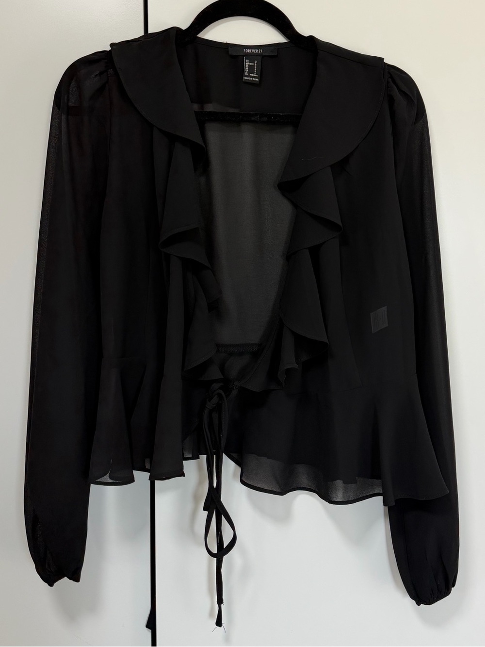 Forever 21 Black Sheer Ruffle Tie-Front Blouse with Long Sleeves